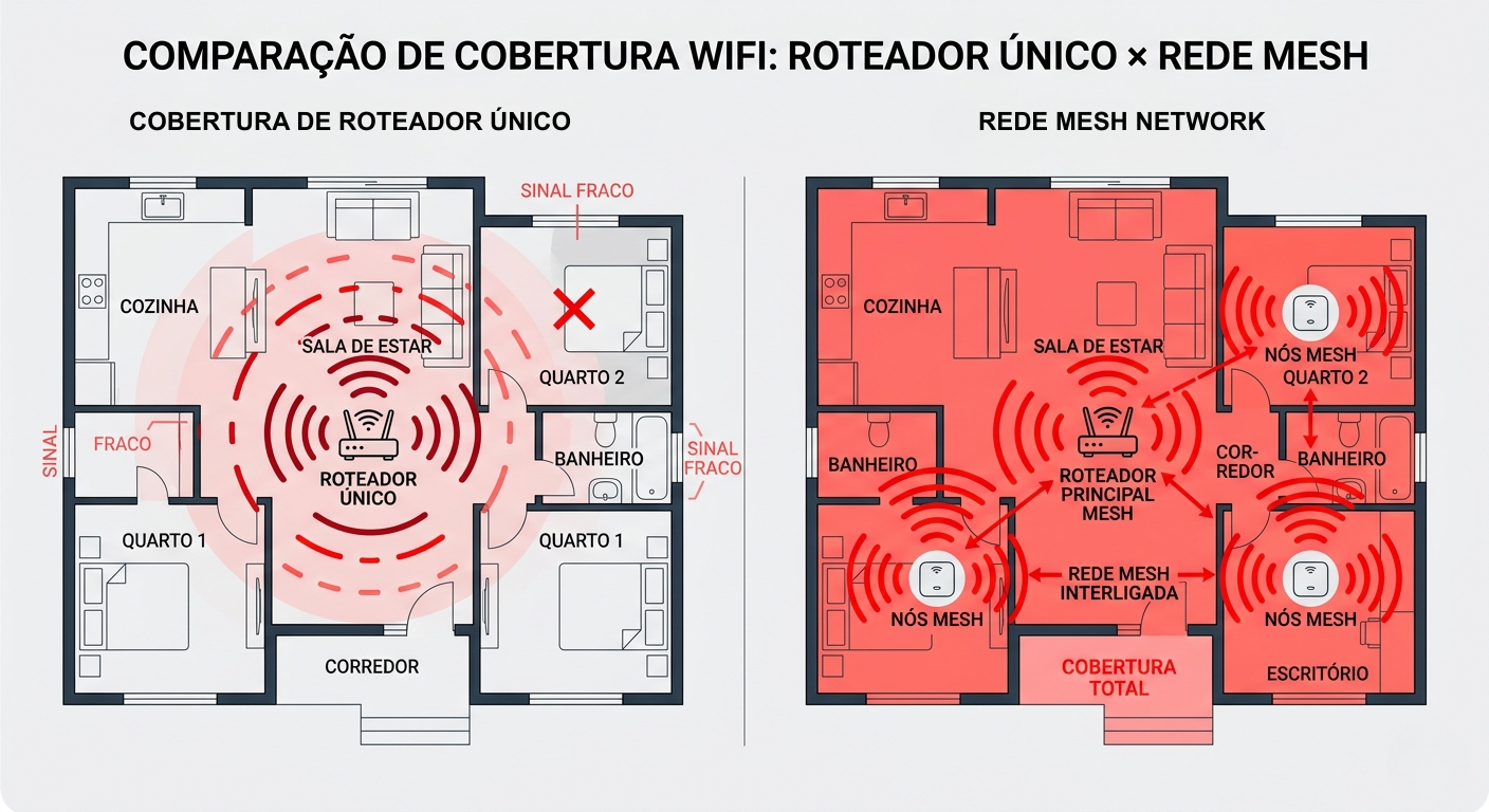 comparacao entre roteador tradicional e wifi mesh mostrando diferenca de cobertura