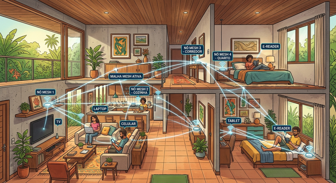 Rede Wi-Fi Mesh com múltiplos pontos de acesso interligados em malha